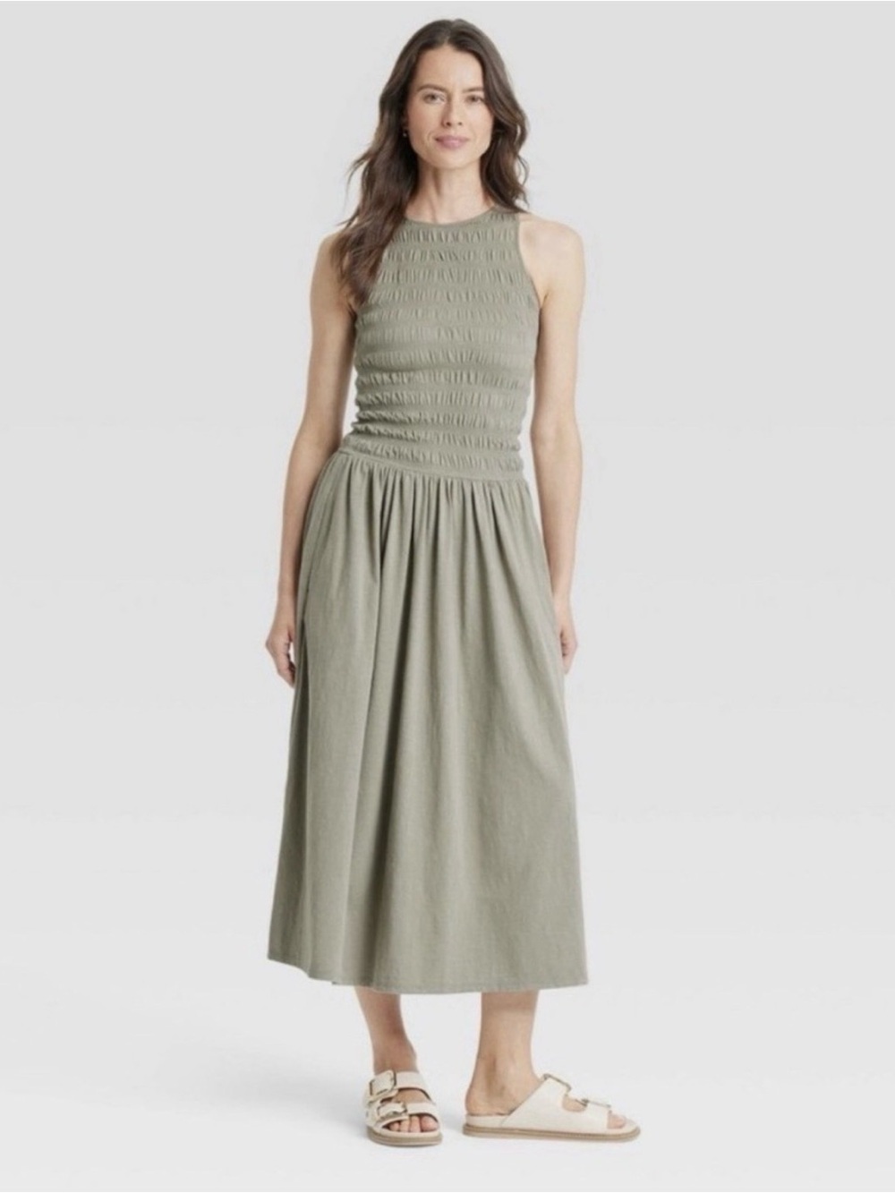 Universal Thread Women's Smocked Knit Maxi A-Line Dress Olive Green Pockets NWOT